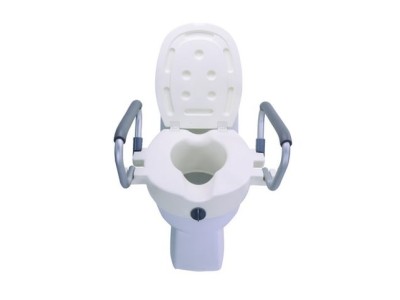 Raising toilet seat with foldable handrails