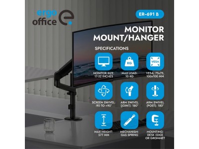 Ergo Office Monitor Mount/Hanger, Gas Spring