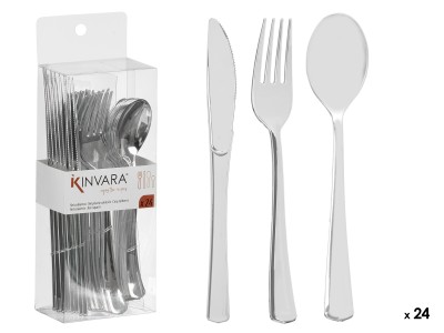Komplekts 24 plastmasas sudraba galda piederumi