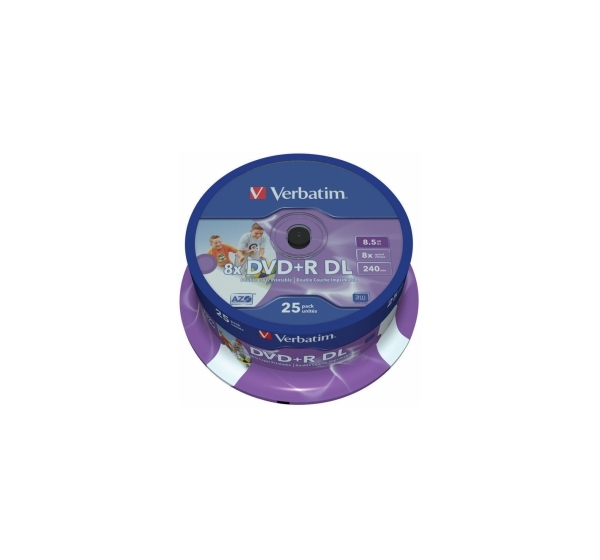 Matricas DVD+R DL Verbatim 8.5GB Double Layer 8x AZO Wide Printable non ID 25 Pack Spindle