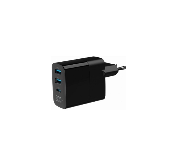 Lādētājs Gembird 3-port 30W GaN USB Fast Charger LCD Black