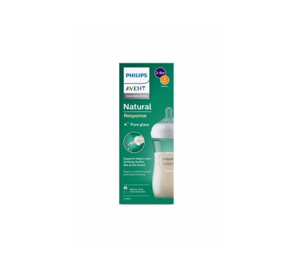 Philips Avent Natural Response stikla zīdaiņu pudelīte 240 ml, vidējas plūsmas knupītis 1m+
