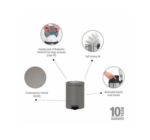 BRABANTIA atkritumu tvertne ar pedāli NewIcon, 5L, Mineral Concrete Grey
