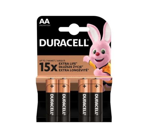 Duracell AA (LR6) baterijas 1.5V Duracell BASIC sērija Alkaline MN1500 iepakojumā 4 gb.