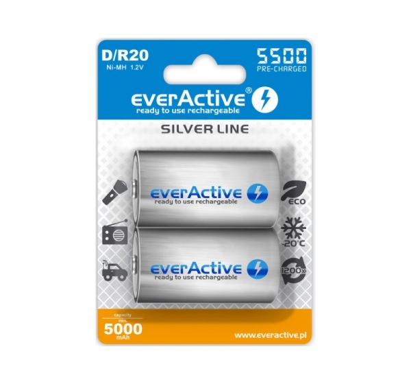 everActive™ R20/D akumulatori 1.2V everActive Silver line Ni-MH 5500 mAh iepakojumā 2 gb.