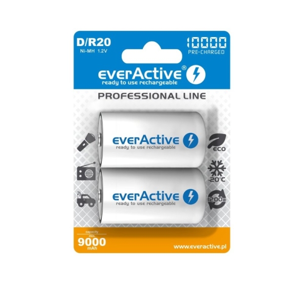 everActive™ R20/D akumulatori 1.2V everActive Professional line Ni-MH 10000 mAh iepakojumā 2 gb.