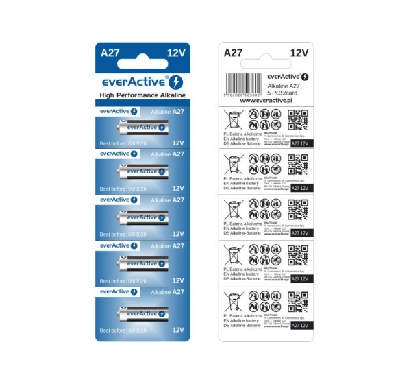 everActive™ 27A baterijas 12V everActive Alkaline MN27/L828  iepakojumā 5 gb.