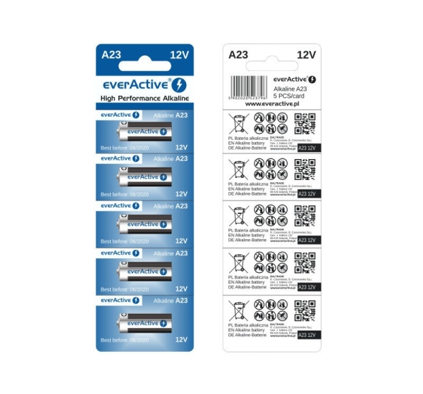 everActive™ 23A baterijas 12V everActive Alkaline MN21/LR23A iepakojumā 5 gb.
