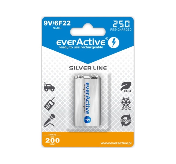 everActive™ AK9.eA.SL1; 6F22/9V akumulatori 8.4V everActive Silver line Ni-MH 250 mAh iepakojumā 1 gb.
