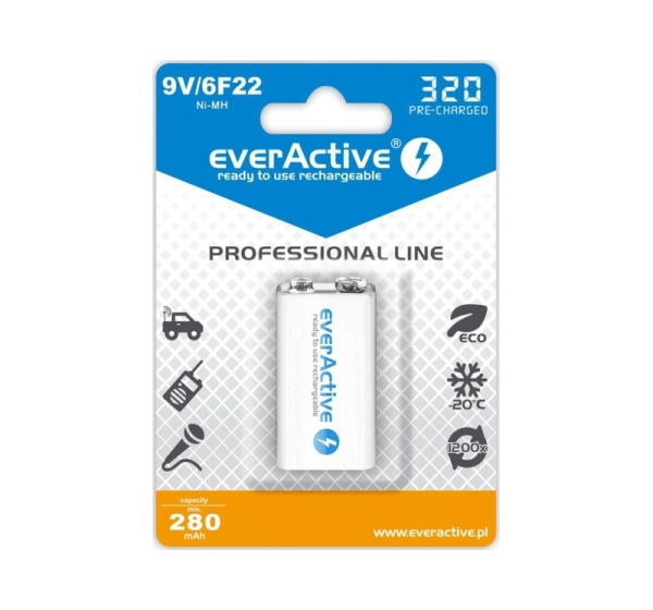 everActive™ AK9.eA.PL1; 6F22/9V akumulatori 8.4V everActive Professional line Ni-MH 320 mAh iepakojumā 1 gb.