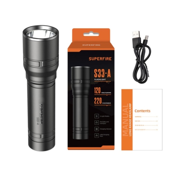 Hand Flashlight Black S33-A battery 800mAh USB 124 lm