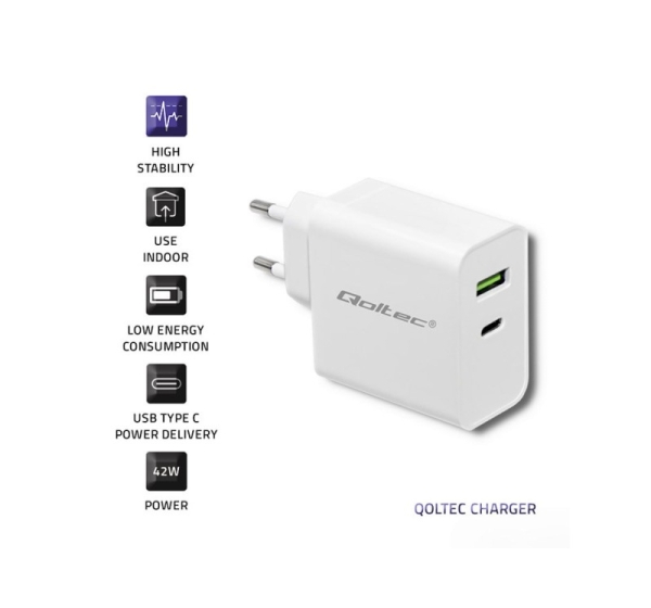 Qoltec ® Qoltec lādētājs | 45W | 5-20V | 2.4-3A | USB tips C + USB tips A
