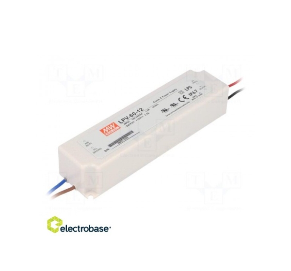 Power supply: switched-mode; LED; 60W; 12VDC; 5A; 90÷264VAC; IP67
