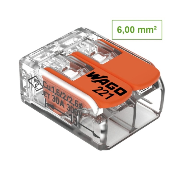 WAGO 2-kontaktu spaile 221-612 1gb. Fine-stranded conductor : 0.14 … 6 mm² / 24 … 12 AWG
