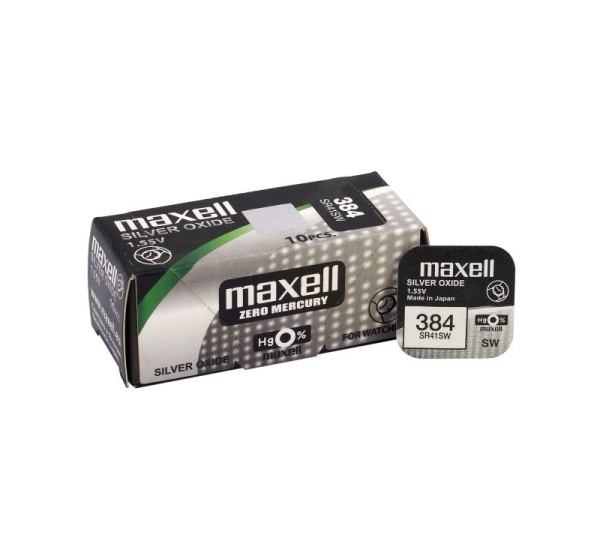 Maxell 384 baterijas 1.55V Maxell sudraba-oksīda SR41SW iepakojumā 1 gb.