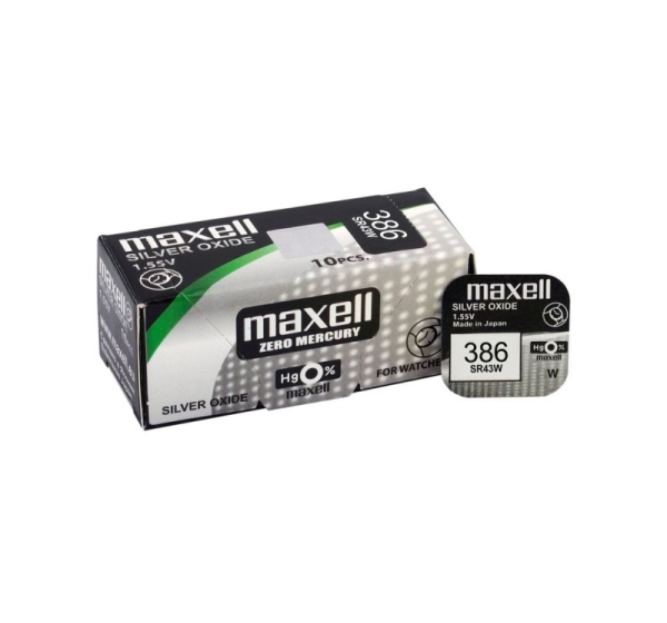 Maxell 386 baterijas 1.55V Maxell sudraba-oksīda SR43SW iepakojumā 1 gb.
