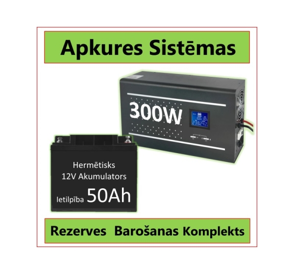 ElectroBase ® Komplekts:  Profesionāls Invertors UPS apkures sistēmai 300W + 12V 50Ah akum.