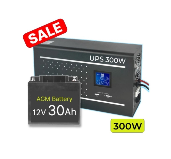 ElectroBase ® Komplekts:  Profesionāls Invertors UPS apkures sistēmai 300W + 12V 30Ah akum.