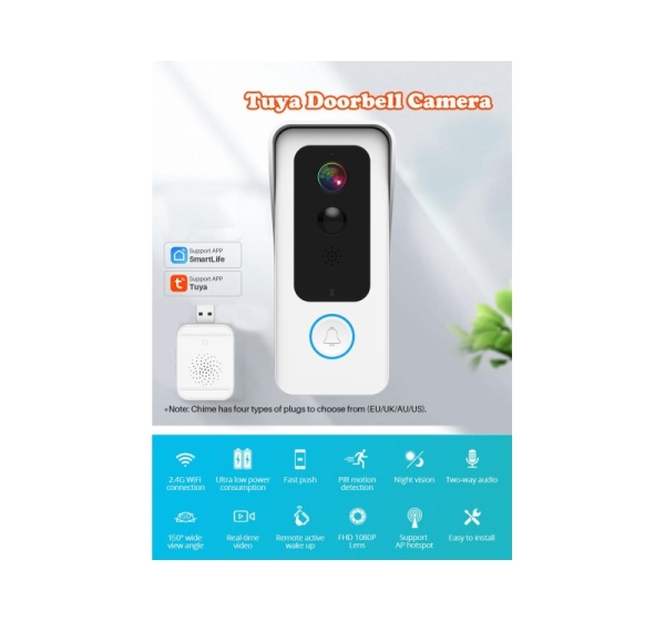 ElectroBase ® Battery Doorbell WiFi | Outdoor Camera + Chime| 2MP | Tuya | White