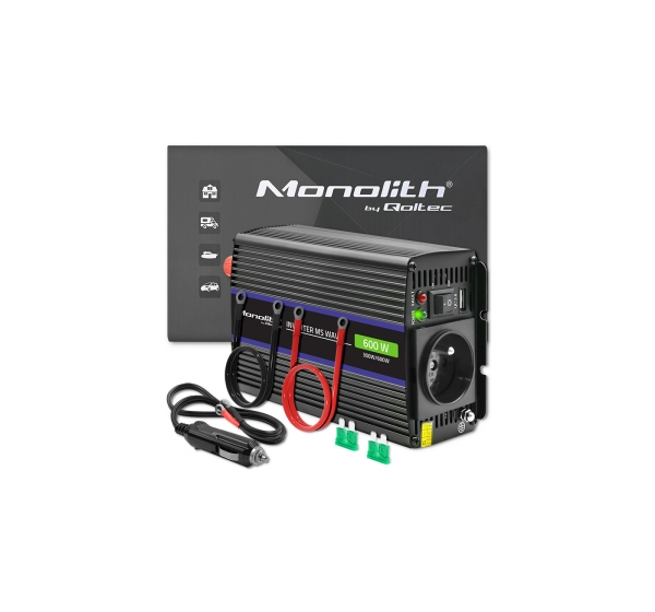 Qoltec ® Преобразователь напряжения Qoltec Monolith 600 MS Wave | 12V → 230V | 300/600 Вт | USB