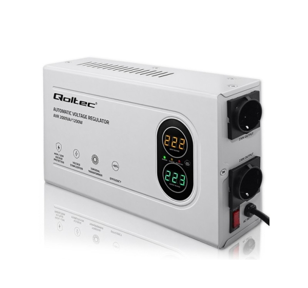 Qoltec ® Automātiskais sprieguma stabilizators AVR 2000VA | 1200W | Kompakts | Toroidālais transformators