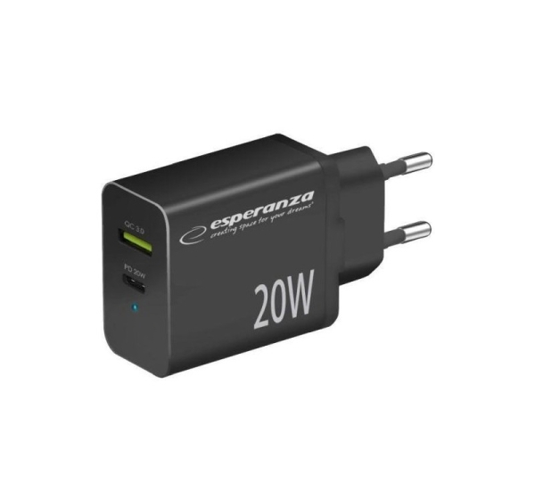 Esperanza EZC105K Lādētājs Type C 20W + USB QC3.0 18W