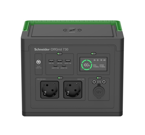 APC Schneider OffGrid Portable Power Station 730, 738Wh Lithium-ion, LCD, 2 CEE 7/3 Schuko outlets, Sinewave, 3 USB-A, 2 USB-C, Wireless Charger