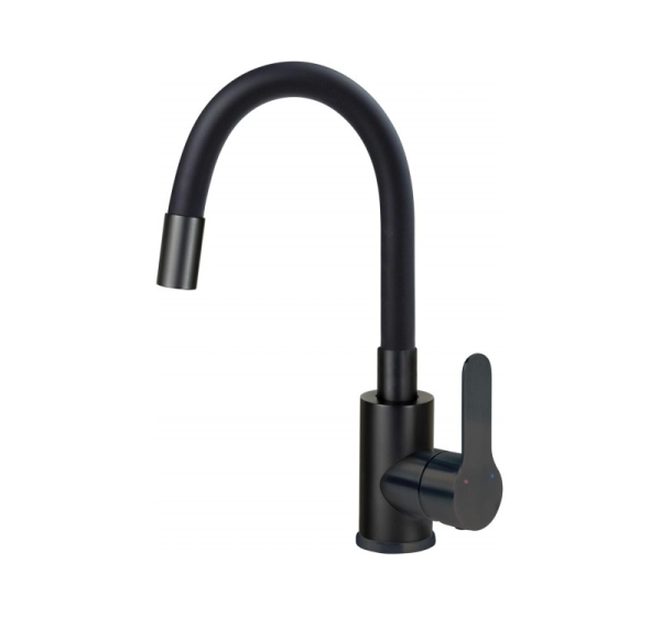 Washbasin mixer with curved spout