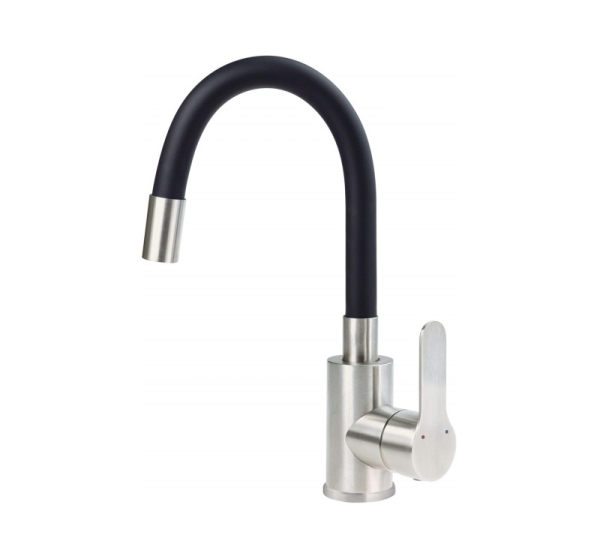 Washbasin mixer with curved spout