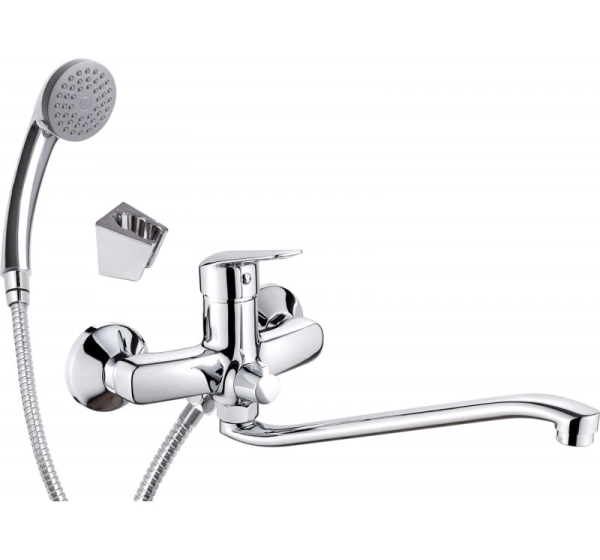 Wall-mounted washbasin mixer with extended spout - hose and shower set connection