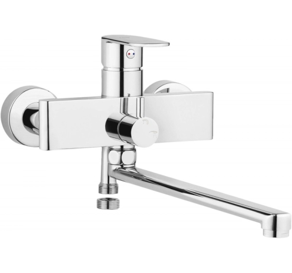 Wall-mounted washbasin and bath mixer with extended spout - hose connection