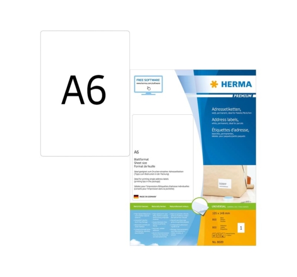 HERMA Address labels Premium sheetsize A6 105x148 mm white paper matt 800 pcs.
