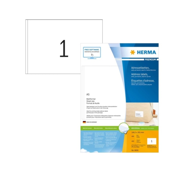 HERMA Address labels Premium sheetsize A5 148.5x205 mm white paper matt 400 pcs.