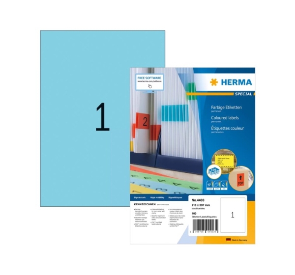 HERMA Coloured Labels A4 210x297 mm blue paper matt 100 pcs.