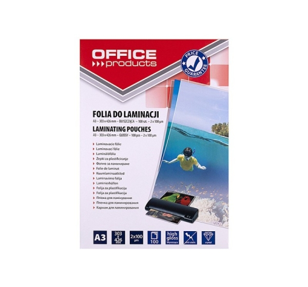 OFFICE PRODUCTS Laminating film, A3, 2x100 microns, glossy, 100 sheets, transparent