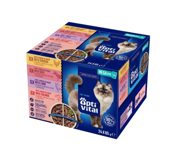 OPTIVITAL Box with chicken, beef, lamb, salmon - wet cat food - 24x85g