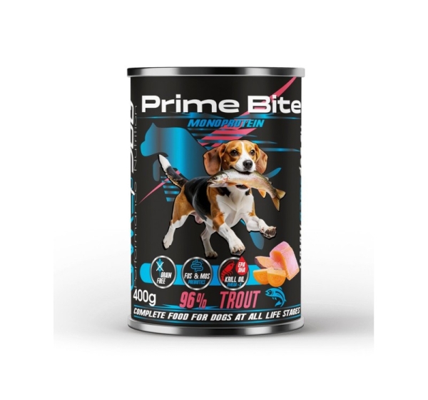 PRIME BITE Monoprotein Trout with sweet potato - wet dog food - 400g