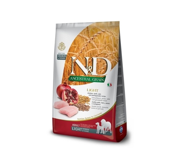 FARMINA N&D ANCESTRAL GRAIN DOG LIGHT - CHICKEN. SPELT.OATS AND POMEGRANATE ADULT MEDIUM & MAXI 12kg