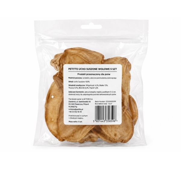PETITTO Dried beef ear Mono - dog treat - 5 pcs
