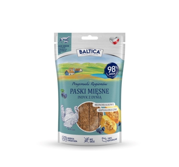 BALTICA Przysmaki Regionów Mono Meat Strips Turkey with Pumpkin – dog treat – 90 g
