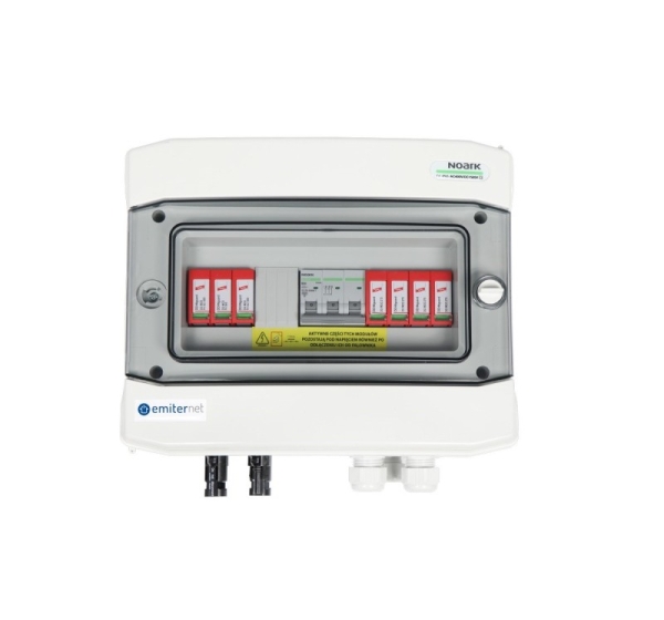 Switchgear attached DCAC hermetic IP65 EMITTER with Dehn 1000V type 2 DC surge arrester, 1 x PV string, 1 x MPPT // og. AC Dehn type 2, 20A 3-F