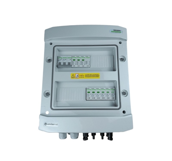 Switchgear attached DCAC hermetic IP65 EMITTER with Noark 1000V type 2 DC surge arrester, 2 x PV string, 2 x MPPT // og. AC Noark type 1+2, 10A 3-F