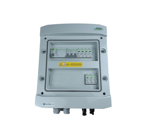 Switchgear attached DCAC hermetic IP65 EMITTER with Noark 1000V type 2 DC surge arrester, 1 x PV string, 1 x MPPT // og. AC Noark Type 2, 10A 3-F, RCD Type A 40A/300mA
