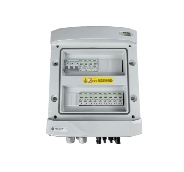 Switchgear attached DCAC hermetic IP65 EMITTER with Noark 1000V type 2 DC surge arrester, 3 x PV string, 3 x MPPT // og. AC Noark Type 2, 63A 3-F