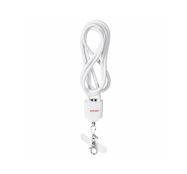 Activejet lanyard with 3-in-1 charging cable, white. Ends with various connectors: USB-C, Lightning adapter, USB-A