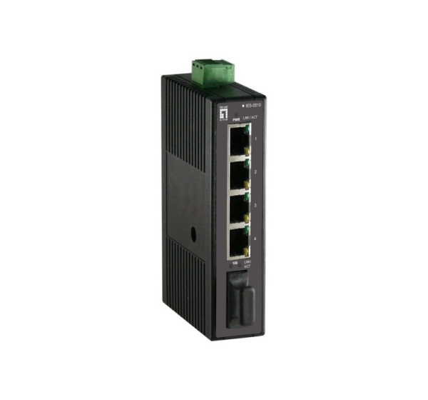 LevelOne 5-Port Fast Ethernet Industrial Switch, DIN-Rail, 1 x SC Multi-Mode Fiber, -20°C to 70°C