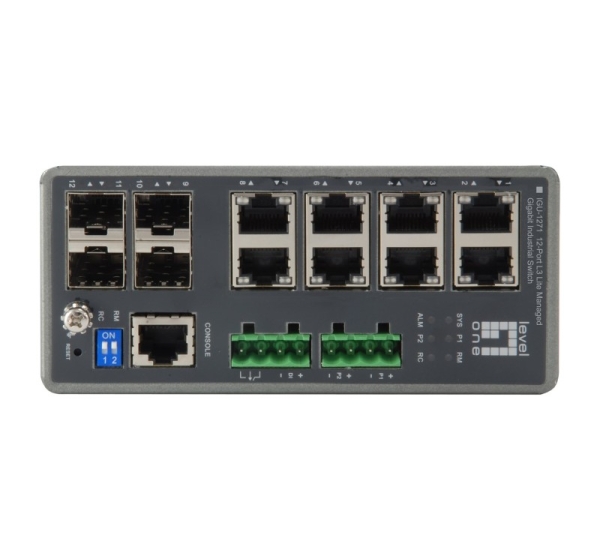 LevelOne TURING 12-Port L3 Lite Managed Gigabit Industrial Switch, 4 x SFP, DIN-Rail, -40°C to 75°C