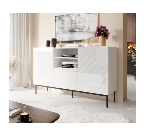 ABETO chest of drawers on black steel frame 150x42x90 white/gloss white