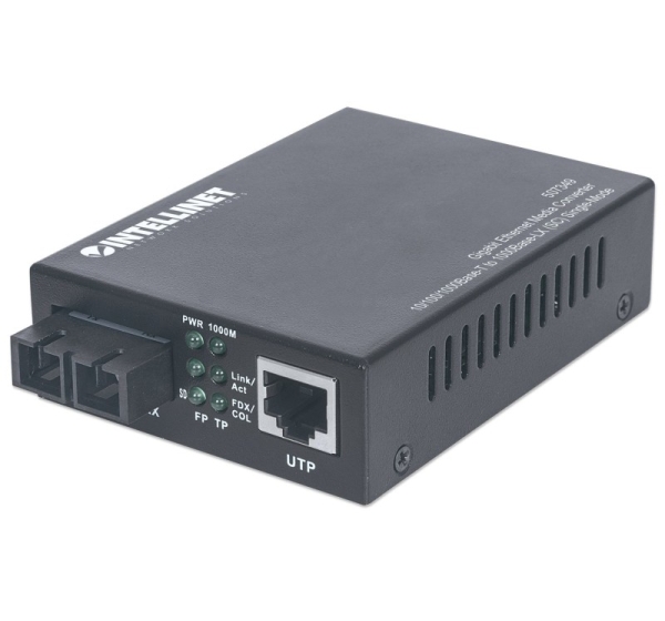 Intellinet Gigabit Ethernet Single Mode Media Converter, 10/100/1000Base-T to 1000Base-Lx (SC) Single-Mode, 20km (Euro 2-pin plug)