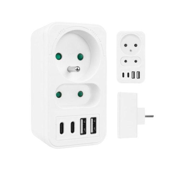 Current socket x2 + 4xUSB Maclean, splitter with 2 sockets, 2xUSB A, 2xUSB C PD 20W, 1x16A + 1x6A, MCE249 F/W